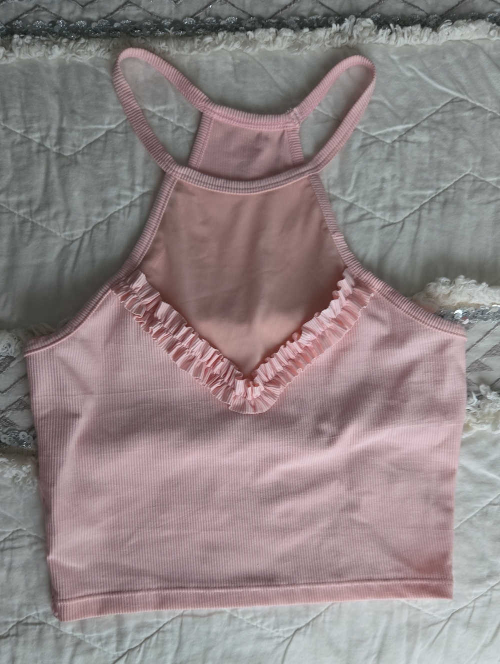 Pink Ruffle Trim High-Neck Crop Top
